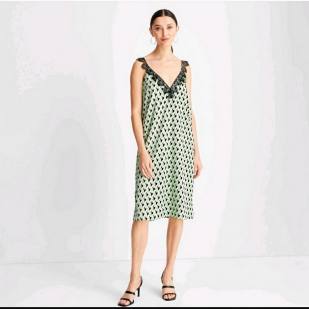 NWT Future Collective Kahlana Barfield Brown Geometric Lace Trim Satin SlipDress